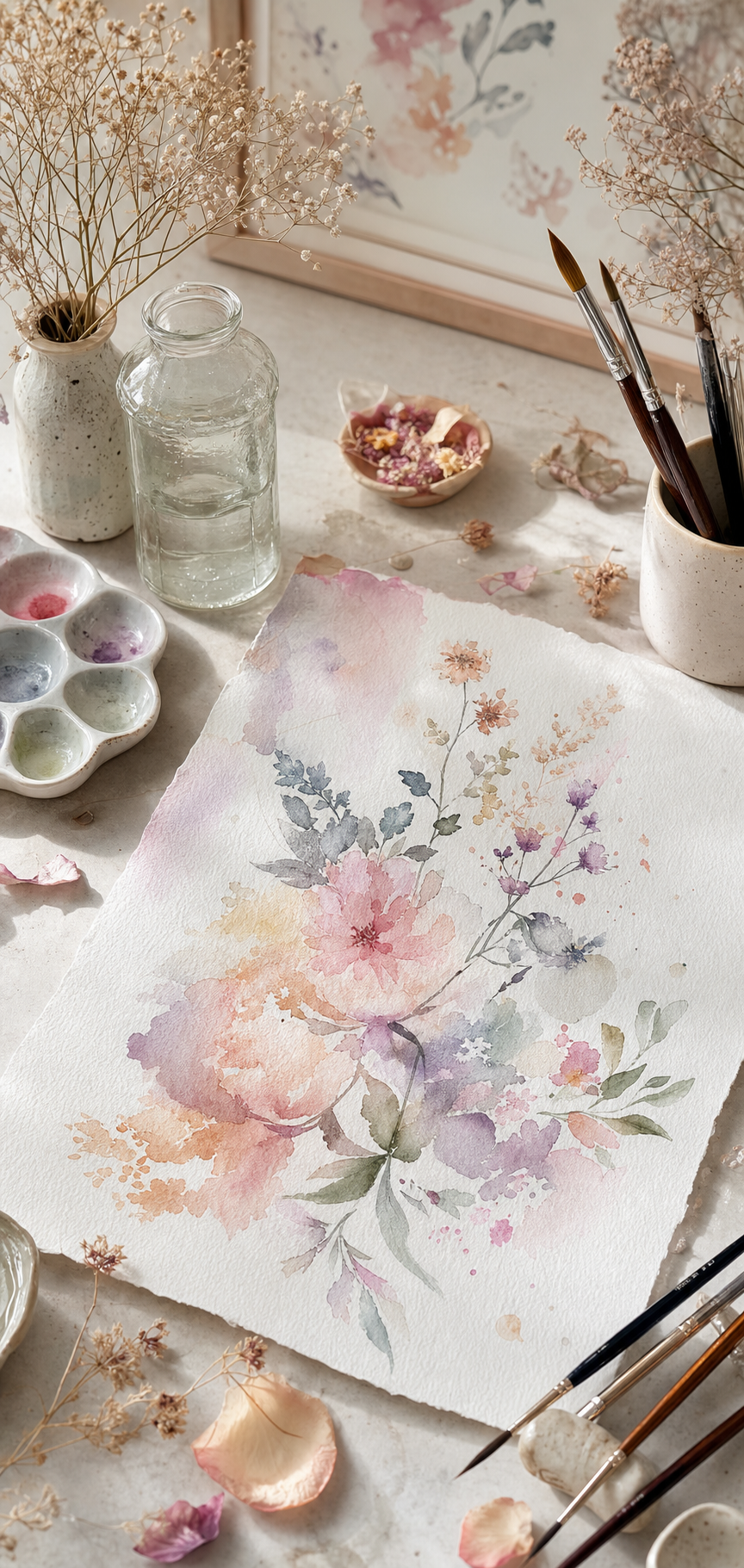Watercolor studio with flowers and brushes