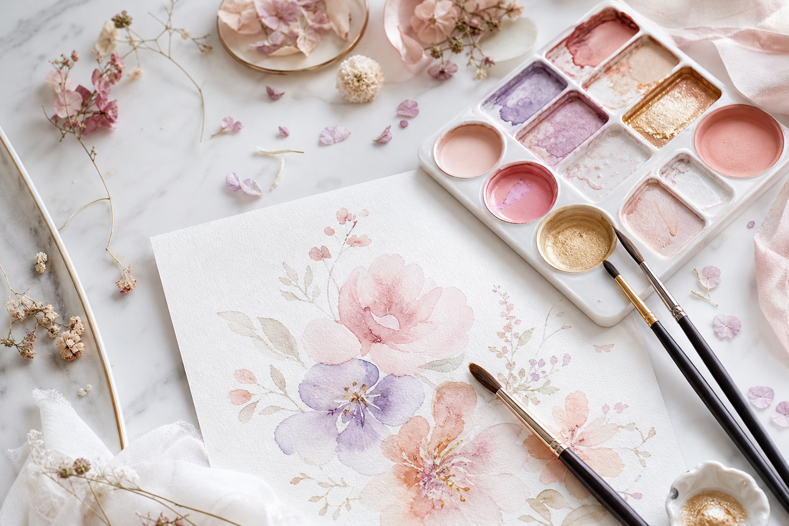 Watercolor art supplies and floral illustrations